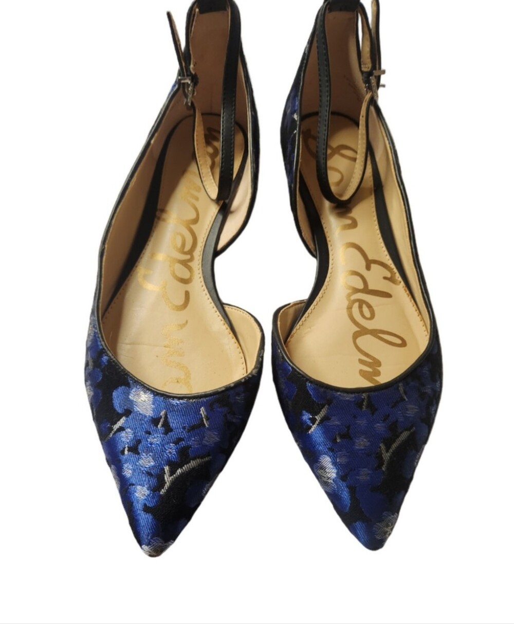 Sam Edelman Navy Blue Floral Pointed-Toe Ankle-Strap Flats 7.5